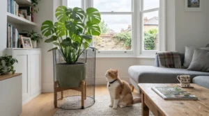 A decorative wire cat-proof plant protector surrounding a large Monstera houseplant in a UK flat.