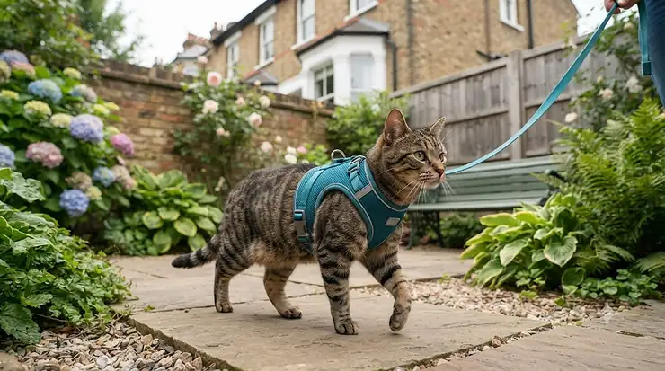 A stylish tabby cat wearing a secure and comfortable vest harness outdoors in a British garden, ideal for safe walks. vest harness for cats