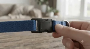 Close-up showing a safe breakaway buckle mechanism on a cat collar to prevent snagging on garden fences and hedges.
