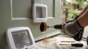 A round cat flap professionally installed into a double-glazed glass patio door for feline access.