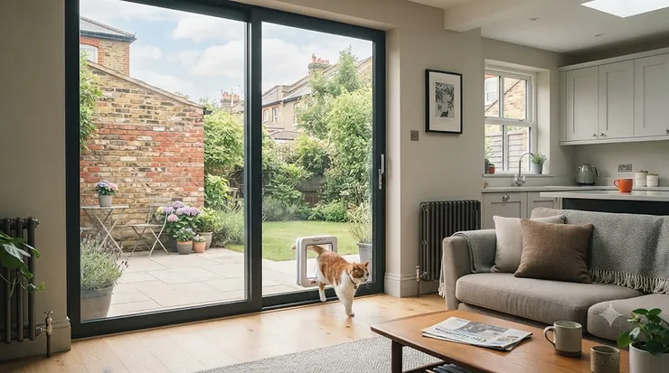 A secure cat flap fitted into a sliding glass patio door in a modern UK home, providing easy pet access to the garden. cat flap for sliding glass doors