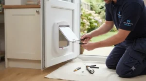 Professional installation of a multi-cat microchip door fitted securely into a white uPVC patio door.