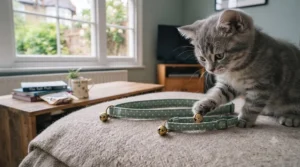 A curious black cat sniffing a lightweight bell collar for cats during the adjustment phase.