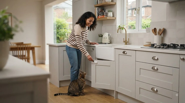 A sleek British kitchen with cat-proof cabinet locks fitted securely to keep curious pets safe. cat proof cabinet locks