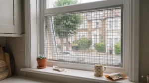 Reinforced cat-proof insect and fly screen installed on a kitchen window to keep bugs out and pets in.