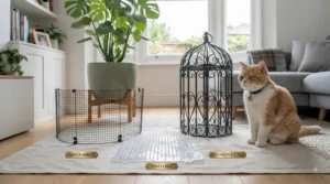 Comparison chart of different cat-proof plant protectors, including plastic grids, spiked mats, and decorative cages.