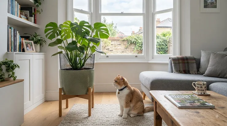 A sleek cat-proof plant protector safeguarding a houseplant in a modern British living room, preventing cats from digging in the soil. cat proof plant protectors