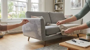 Cat trying to scratch a furniture protector to show claw resistance for both materials.