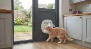 Ginger tabby cat stepping through a secure door-mounted cat flap into a garden