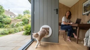 Domestic cat calmly walking through a microchip-activated cat flap into a secure garden while its owner works inside the home office.