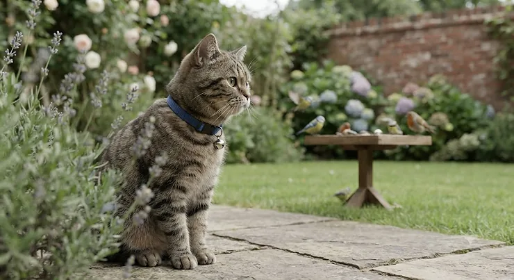 A tabby cat sitting attentively near a wooden bird feeder in an English garden while wearing a fitted bell collar. does a bell collar stop cats hunting