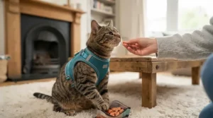 A calm cat indoors getting used to wearing a soft vest harness as part of positive reinforcement training.