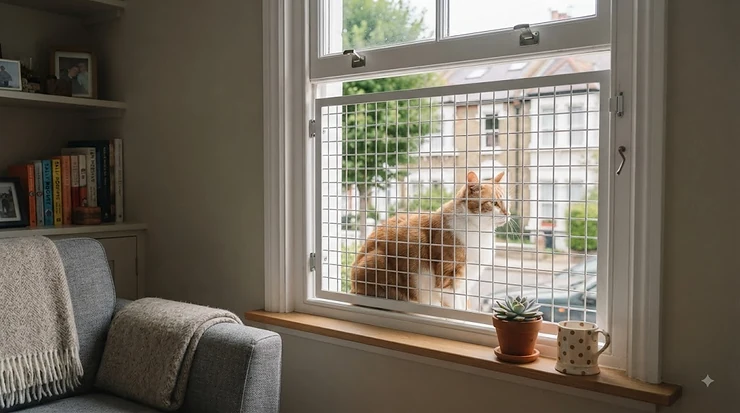 Secure metal cat window guard fitted to a British home window, keeping indoor cats safe while allowing fresh air in. cat window guards