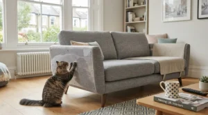 Clear vs fabric sofa protector for cats comparing transparent and upholstered covers on a living room settee.