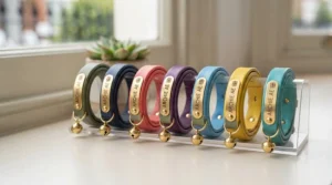 A selection of colourful, custom-made name collars laid out for cats and small kittens.