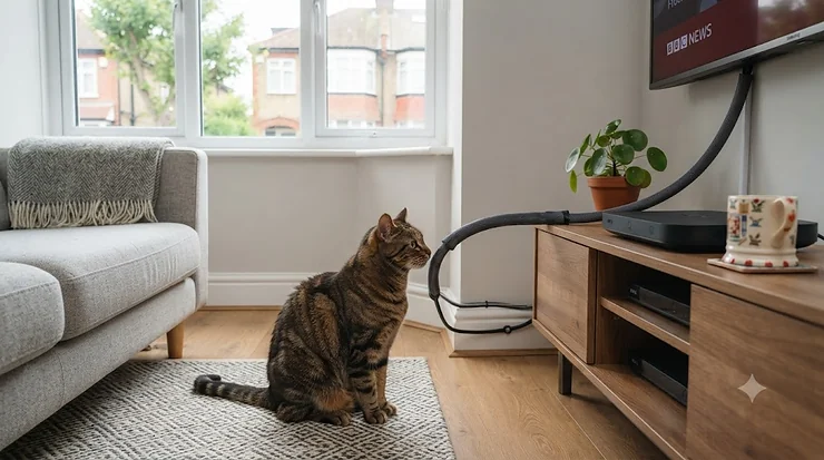 A tabby cat sitting near a living room TV setup featuring braided cord protectors safely covering electrical cables cord protectors for cats