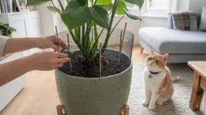 DIY wire mesh cut-out serving as an effective cat-proof plant protector inside a ceramic plant pot.