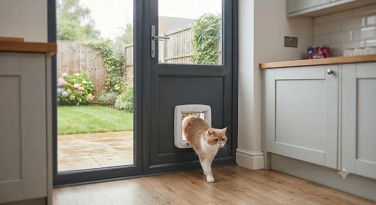 Sleek door-mounted cat flap installed on a white exterior wooden door of a British home door mounted cat flap