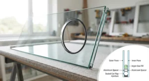 Cross-section of a double-glazed sealed unit manufactured with a pre-cut hole for a cat flap.
