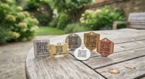 A collection of brass and silver engraved QR code cat tags in various shapes.