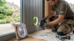 DIY enthusiast carefully measuring and cutting a template to install a microchip cat flap into an external timber door.