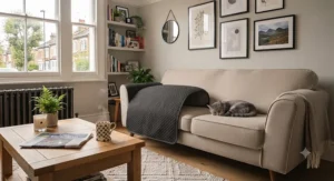 Demonstrating how to fit a durable, quilted dark grey sofa protector for cats onto a modern living room couch to prevent claw marks and pet hair.