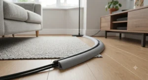 A low-profile floor cord cover running across a lounge carpet, keeping loose lamp wires hidden from pets