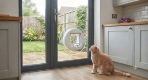 Circular door-mounted cat flap adapter fitted into a double-glazed patio glass door