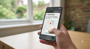 A mobile phone displaying a GPS notification alert after a lost QR code cat tag was scanned.