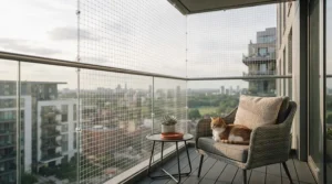 Heavy-duty transparent cat protection net securing a flat balcony against accidental falls.