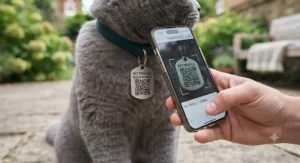 A smartphone scanning a digital QR code cat tag to reveal emergency contact details.