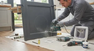 DIY guide showing tools used to measure and cut a panel for a door-mounted cat flap