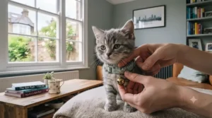 Pet owner correctly measuring a kitten's neck to ensure a comfortable fit for a bell collar for cats.