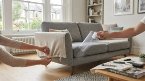 Step-by-step installation of clear plastic shields and fitted fabric settee protectors.