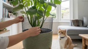 Step-by-step demonstration of fitting a protective mesh grid onto a potted houseplant to keep feline pets away.