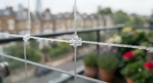 Diagram showing how to measure a balcony frame for DIY cat net installation.