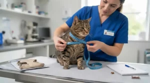Step-by-step guide showing how to measure a cat's girth and neck size for a well-fitting vest harness.