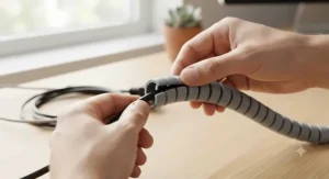 Hands wrapping a split-sleeve cable tidy around a computer power lead to protect it from curious kittens