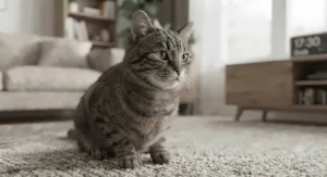 An indoor cat playing with a feather teaser toy inside a modern British living room to reduce outdoor hunting urges at dawn and dusk.