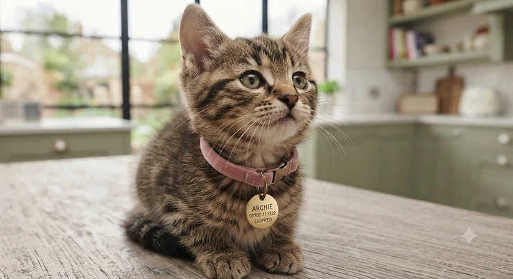 A curious tabby kitten wearing a comfortable, lightweight safety collar with a tiny ID tag. cat ID tags