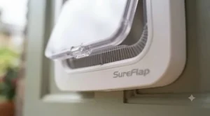 A large British Shorthair cat using an extra-large budget cat flap designed for bigger breeds.