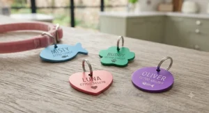 Colourful, lightweight aluminium cat ID tags shaped like fish and paws suitable for kittens and small cats.