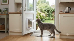A timer-controlled cat flap fitted on an interior door to keep certain pets restricted to specific rooms.
