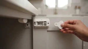 Close-up of invisible magnetic cat-proof cupboard locks installed inside a modern kitchen unit.