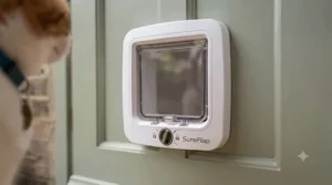 Close-up of a manual 4-way locking mechanism on a budget cat flap for secure home access.