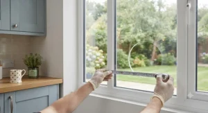 Hands measuring a glass window pane to prepare for cutting a hole for a cat flap.