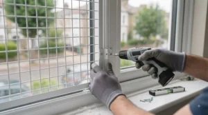 Close-up of durable wire mesh cat window guard being installed on a standard UK UPVC window frame.