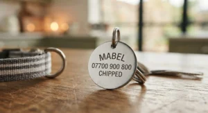 Close-up of a sturdy stainless steel engraved cat ID tag showing clear contact details for pet safety.