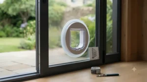 Microchip cat flap professionally fitted into a double-glazed glass panel of a garden office door using a circular mounting adapter.