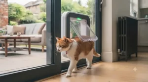 A cat approaching a microchip-activated cat flap installed in a glass door panel, preventing stray animals from entering.